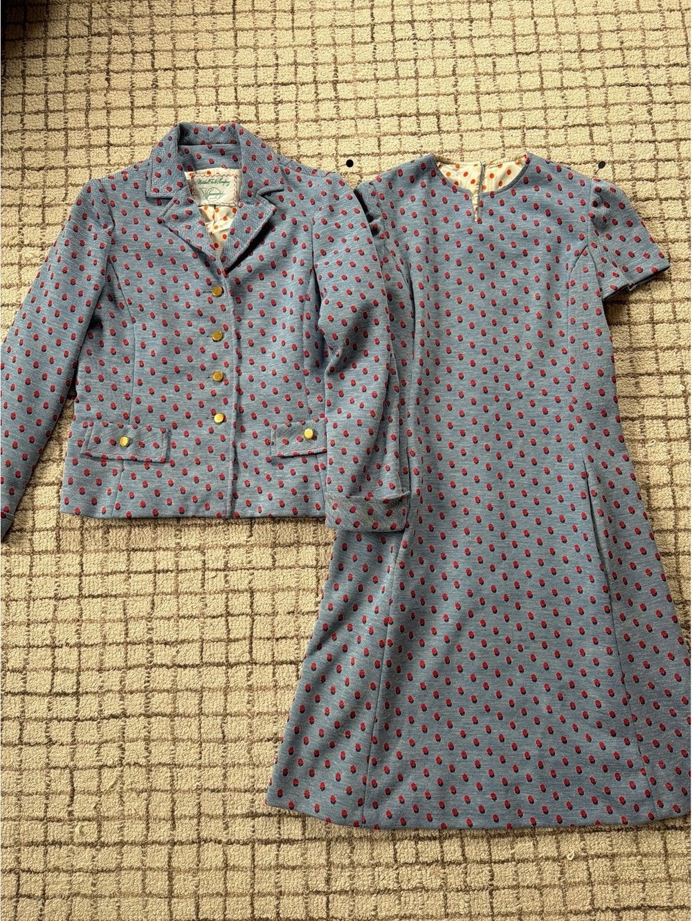 Vintage 60s Marshall Field & Company Blue Red Polka Dot Dress & Jacket Retro